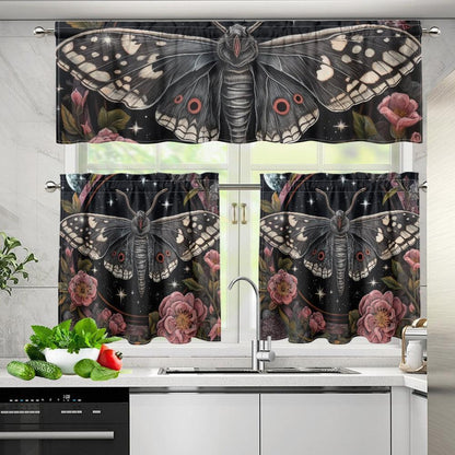 Whimsical Moth Peony Kitchen Curtain Valance and Tiers Set | Sense Forest - sense forest