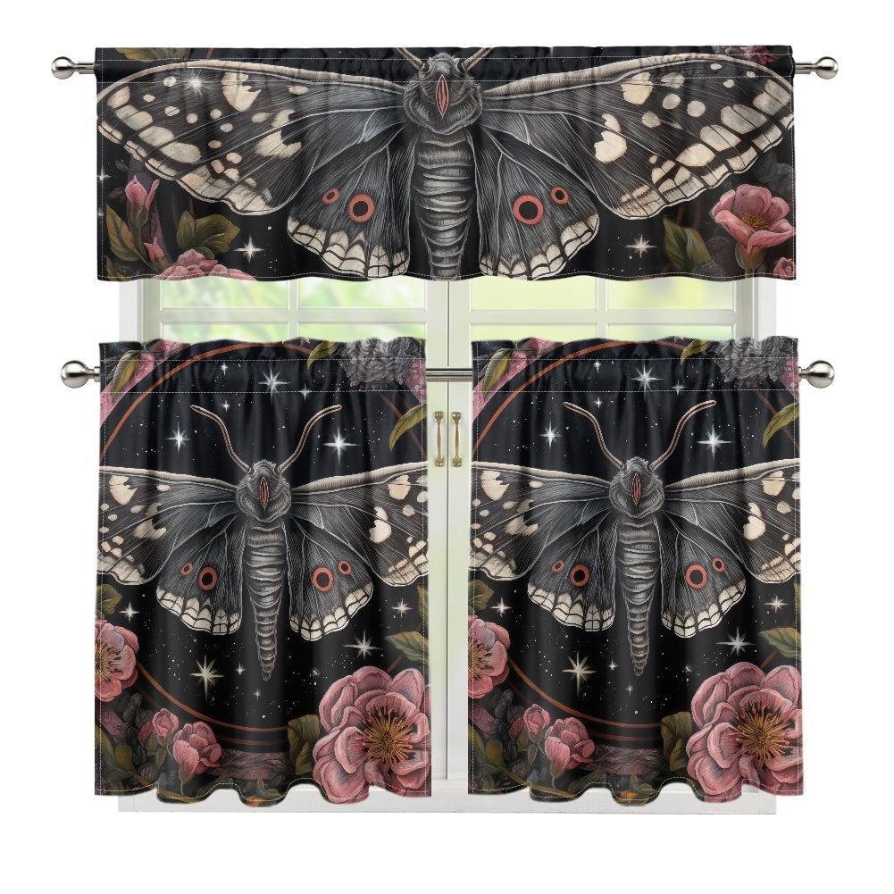 Whimsical Moth Peony Kitchen Curtain Valance and Tiers Set | Sense Forest - sense forest
