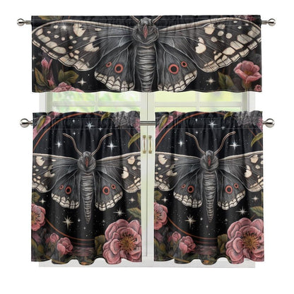 Whimsical Moth Peony Kitchen Curtain Valance and Tiers Set | Sense Forest - sense forest
