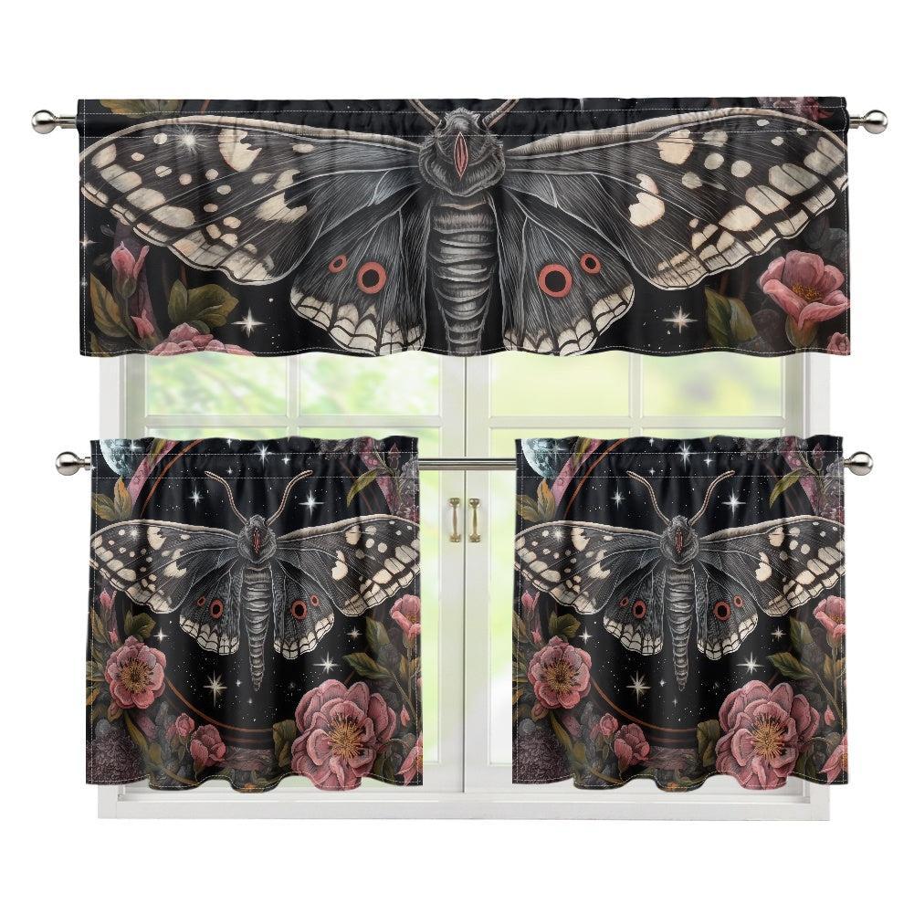 Whimsical Moth Peony Kitchen Curtain Valance and Tiers Set | Sense Forest - sense forest