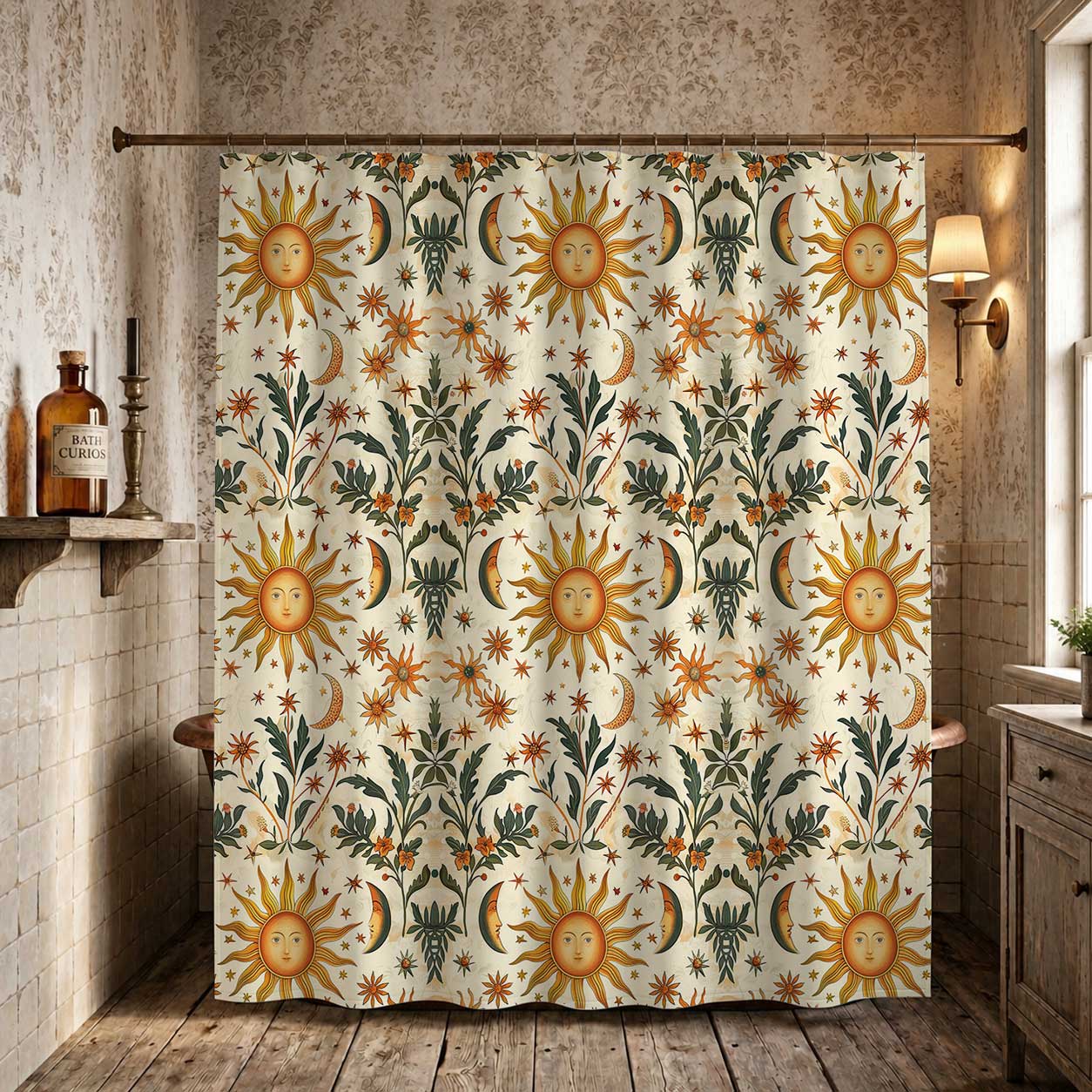 Whimsical Sun Moon Star Botanical witchy Shower Curtain | Sense Forest - sense forest