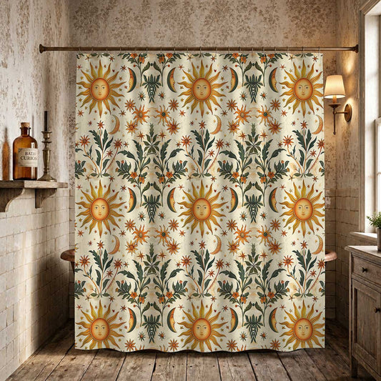 Whimsical Sun Moon Star Botanical witchy Shower Curtain | Sense Forest - sense forest
