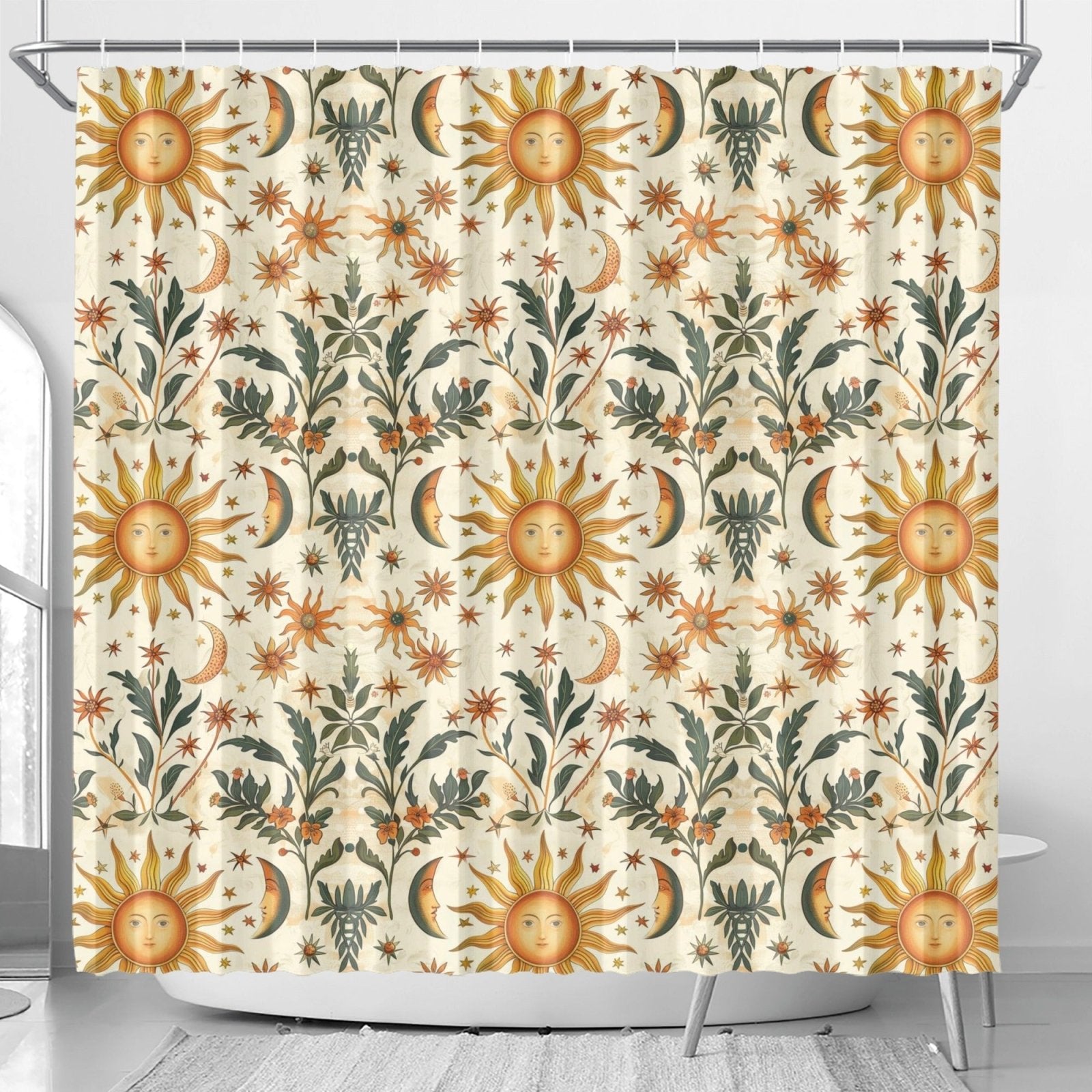 Whimsical Sun Moon Star Botanical witchy Shower Curtain | Sense Forest - sense forest
