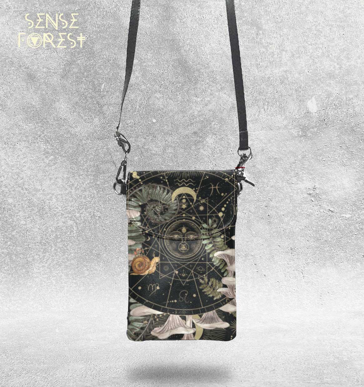 White mushroom zodiac Vegan leather phone purse - sense forest