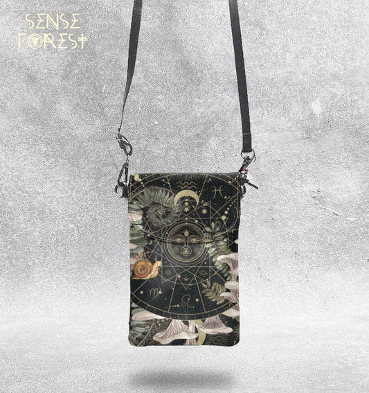 White mushroom zodiac Vegan leather phone purse - sense forest