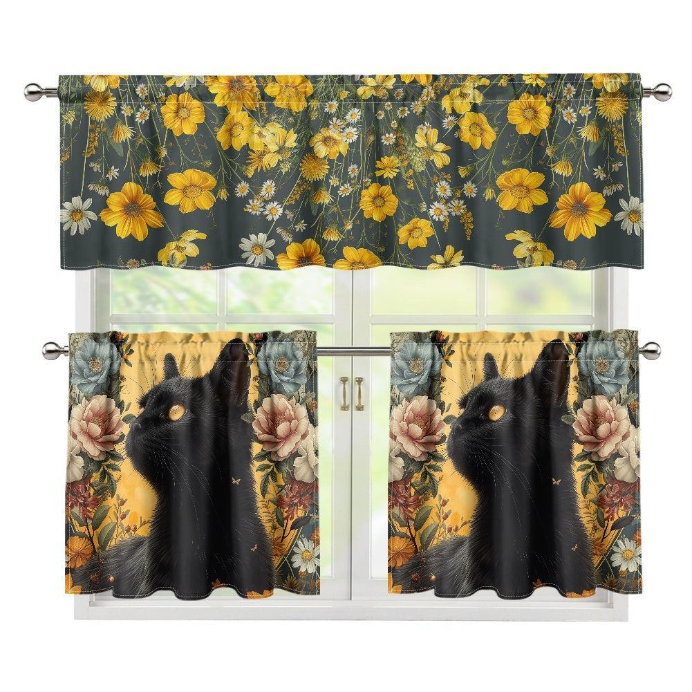 Wildflower black cat Kitchen Curtain Valance and Tiers Set | Sense Forest - sense forest