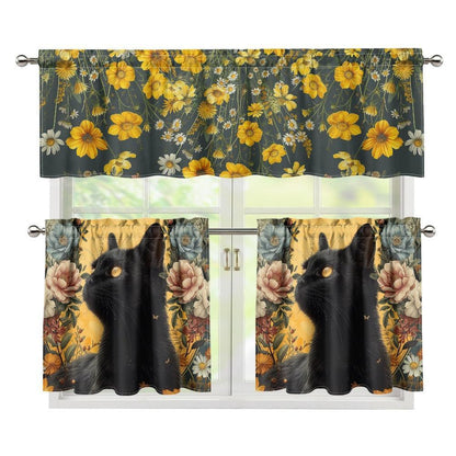 Wildflower black cat Kitchen Curtain Valance and Tiers Set | Sense Forest - sense forest