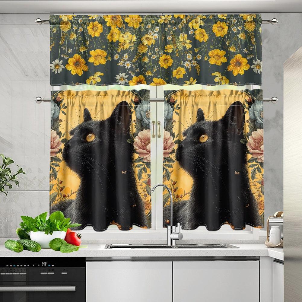 Wildflower black cat Kitchen Curtain Valance and Tiers Set | Sense Forest - sense forest