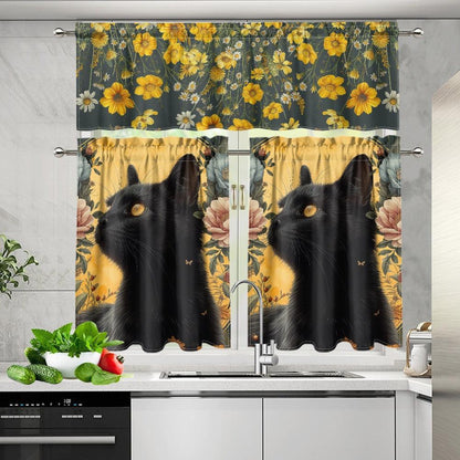Wildflower black cat Kitchen Curtain Valance and Tiers Set | Sense Forest - sense forest