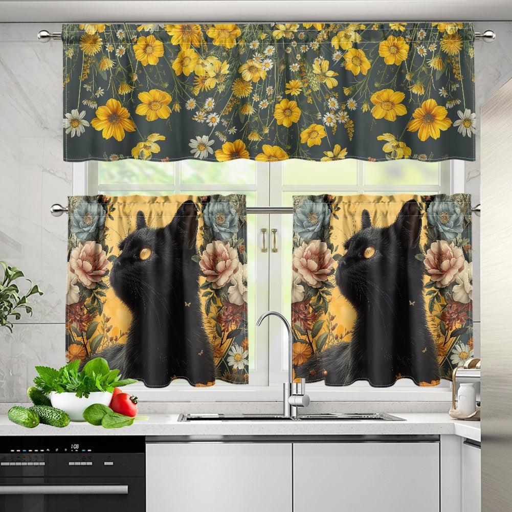 Wildflower black cat Kitchen Curtain Valance and Tiers Set | Sense Forest - sense forest