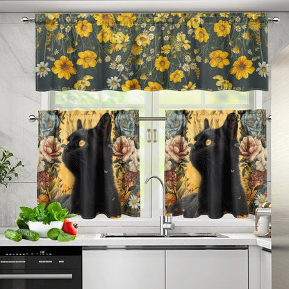 Wildflower black cat Kitchen Curtain Valance and Tiers Set | Sense Forest - sense forest