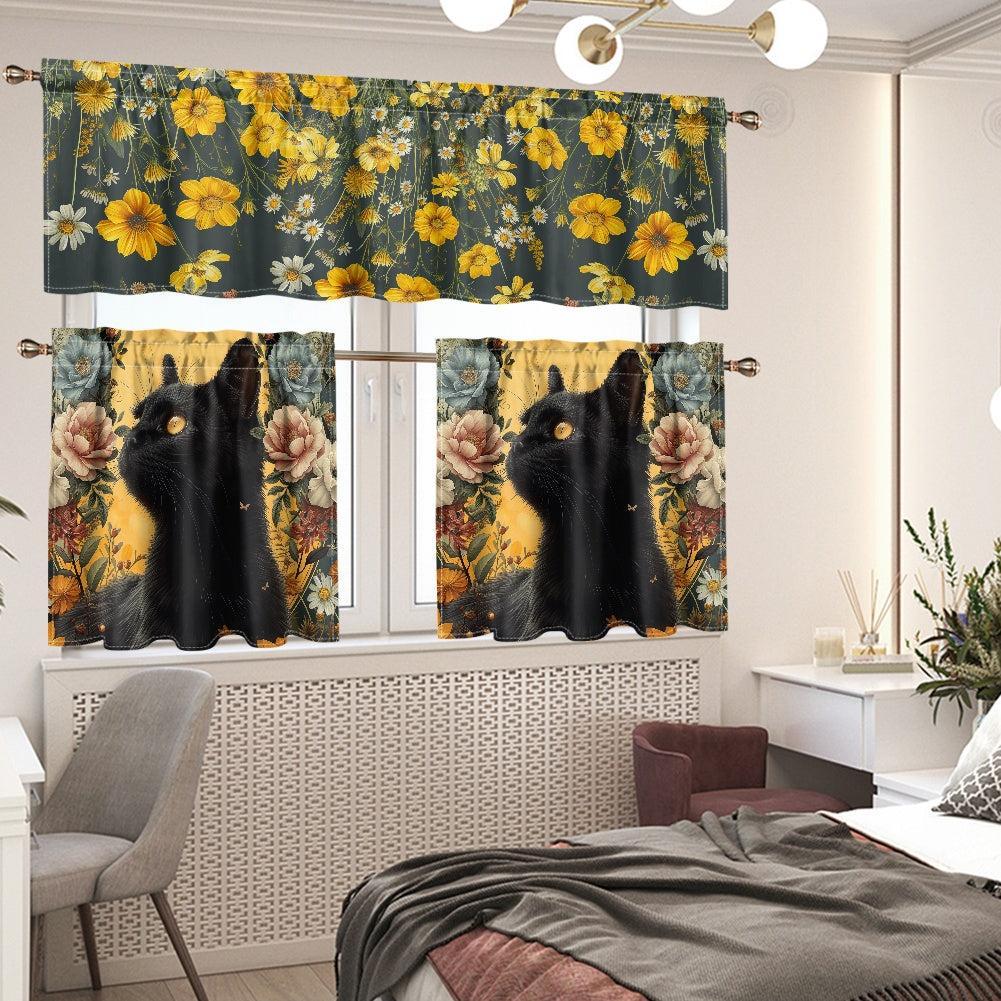 Wildflower black cat Kitchen Curtain Valance and Tiers Set | Sense Forest - sense forest