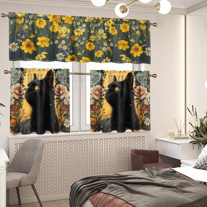 Wildflower black cat Kitchen Curtain Valance and Tiers Set | Sense Forest - sense forest