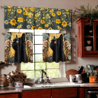 Wildflower black cat Kitchen Curtain Valance and Tiers Set | Sense Forest - sense forest