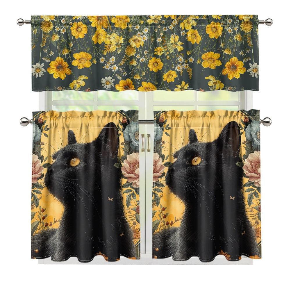 Wildflower black cat Kitchen Curtain Valance and Tiers Set | Sense Forest - sense forest