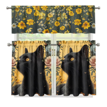 Wildflower black cat Kitchen Curtain Valance and Tiers Set | Sense Forest - sense forest