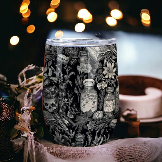 Witchy Botanical Linocut art 12oz Stainless Steel Wine Tumbler | Sense Forest - sense forest