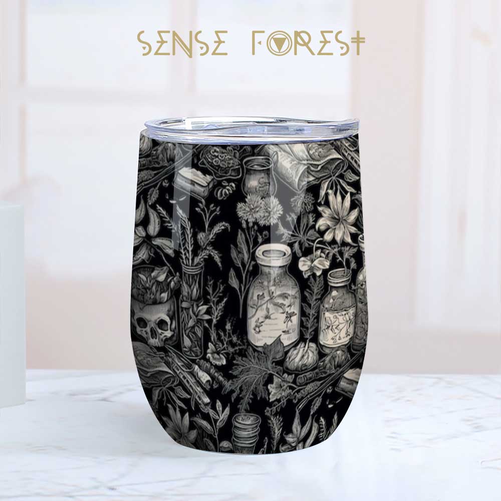 Witchy Botanical Linocut art 12oz Stainless Steel Wine Tumbler | Sense Forest - sense forest