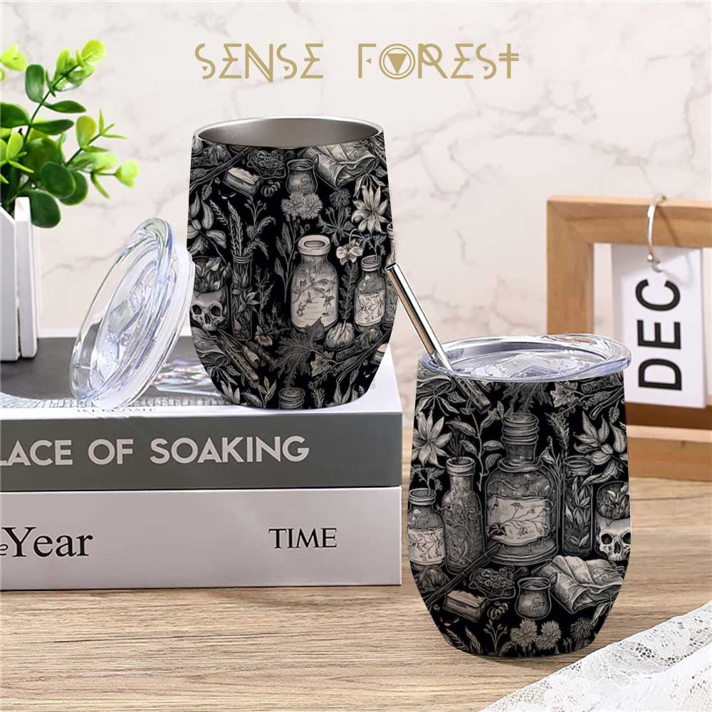 Witchy Botanical Linocut art 12oz Stainless Steel Wine Tumbler | Sense Forest - sense forest