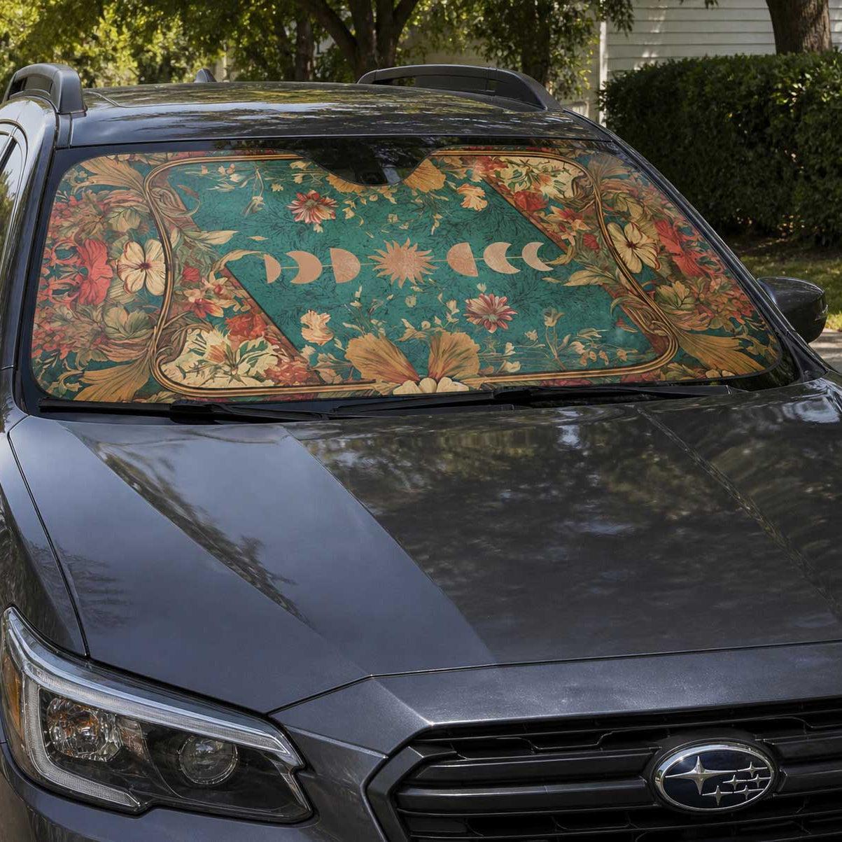 Witchy Moon Phase Teal Green Botanical Car Auto Sun Shade | Sense Forest - sense forest