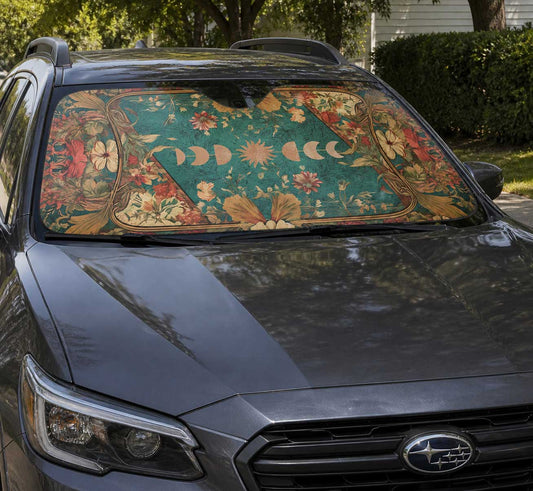 Witchy Moon Phase Teal Green Botanical Car Auto Sun Shade | Sense Forest - sense forest