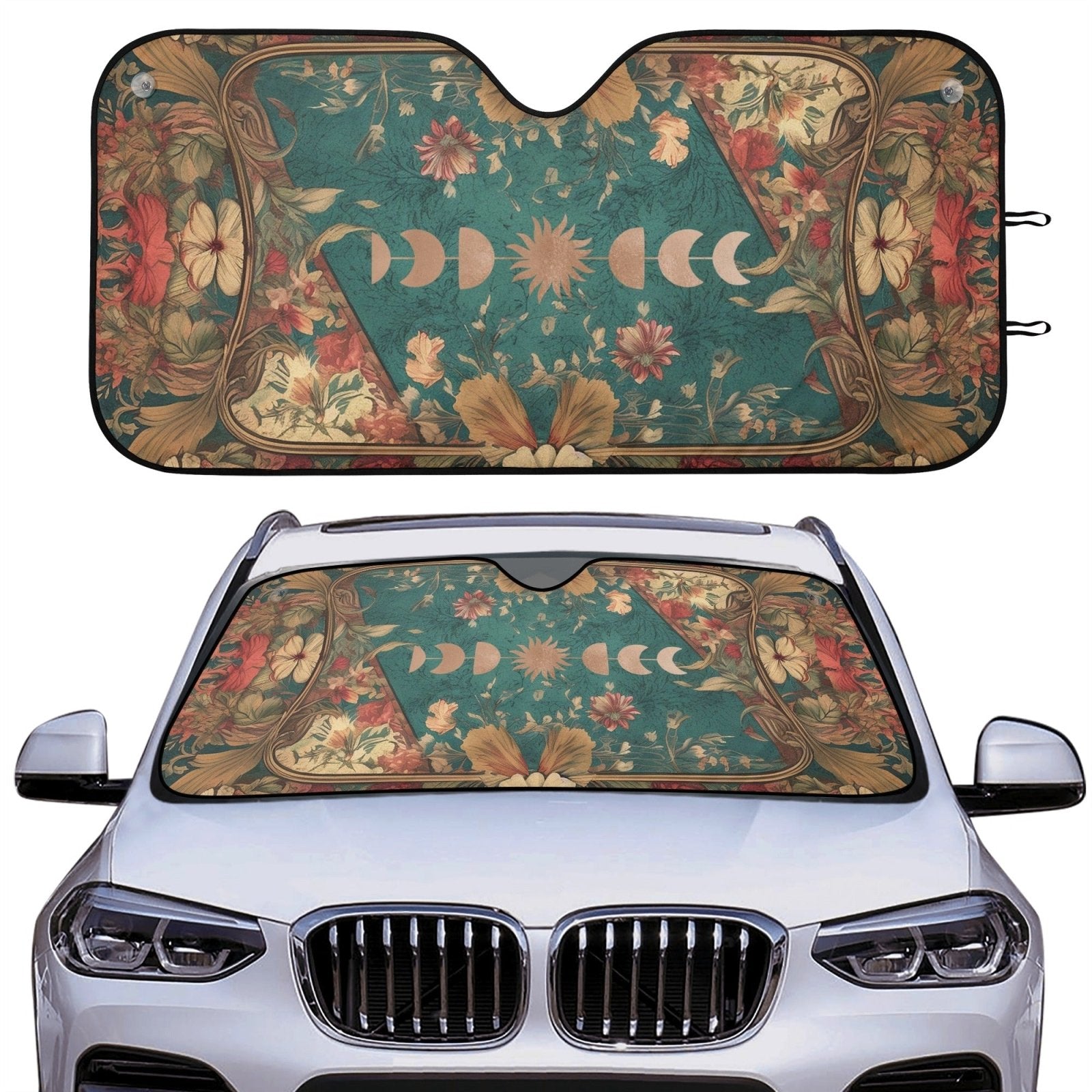 Witchy Moon Phase Teal Green Botanical Car Auto Sun Shade | Sense Forest - sense forest
