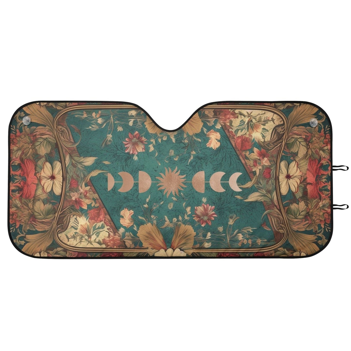 Witchy Moon Phase Teal Green Botanical Car Auto Sun Shade | Sense Forest - sense forest