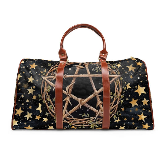 Witchy Starry night Thorns Pentagram Waterproof Travel Bag, Wocca Cottagecore large weekender with shoulder strap, vegan leather duffle - sense forest