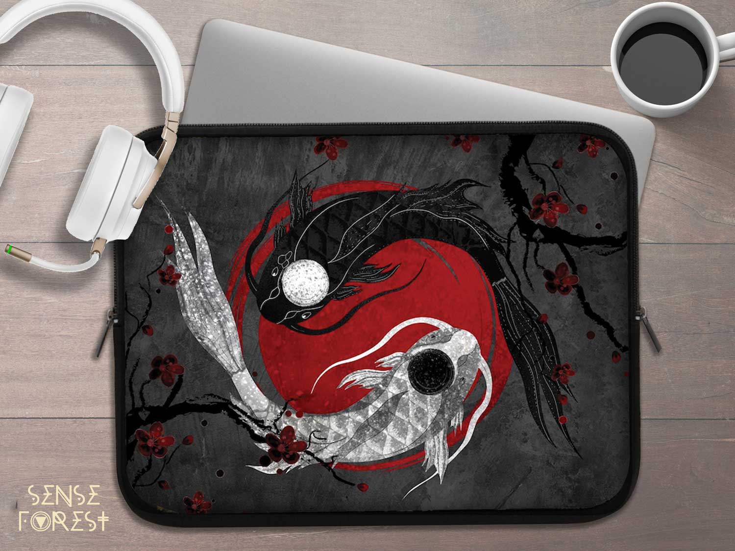 Yinyang Koi fish Japanese aesthetic laptop sleeve | Sense Forest - sense forest