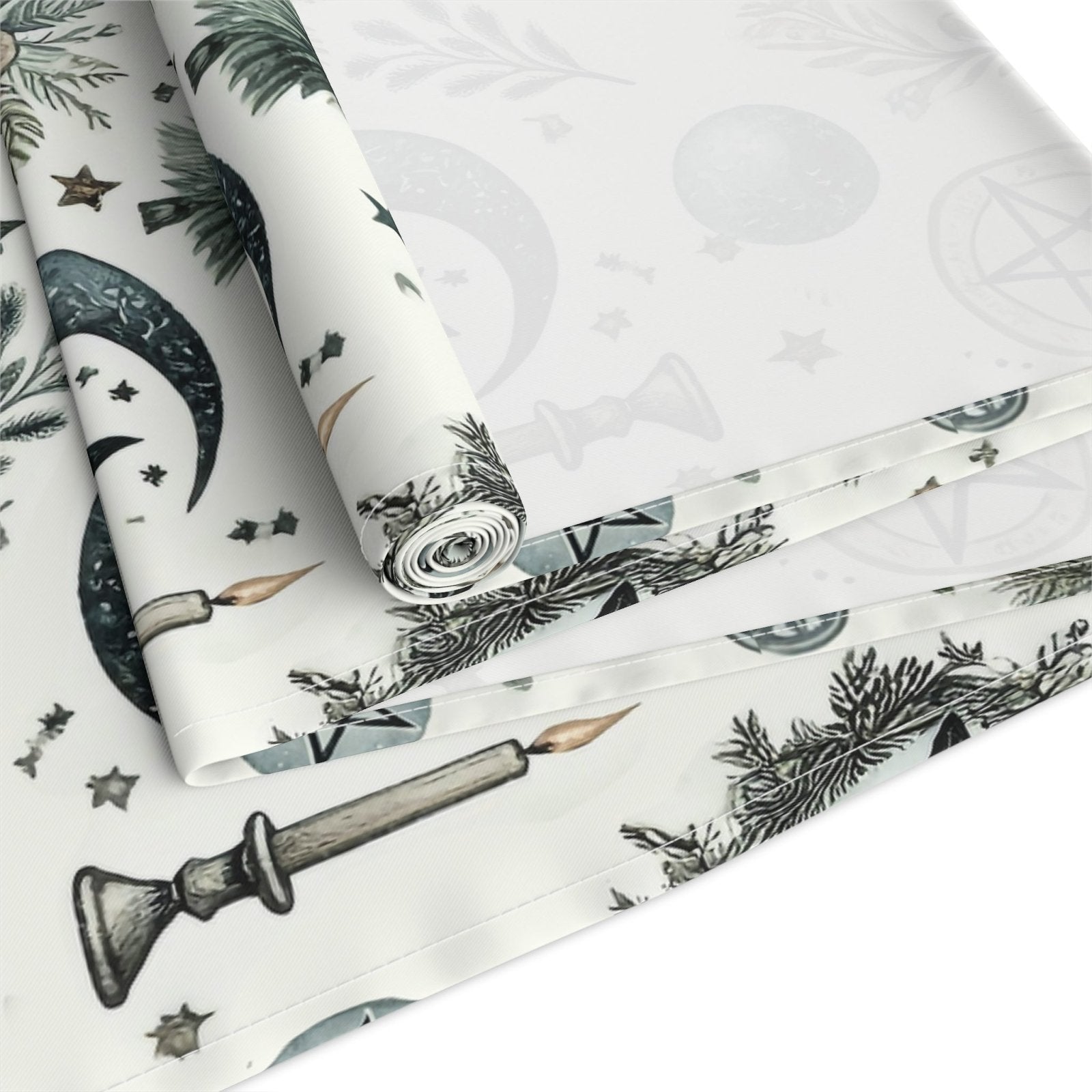 Yule Pagan Christmas Pine Moon Stars Table Runner (Cotton, Poly), Pentagram Nature lover Witch dinner setup holiday home decor gift - sense forest