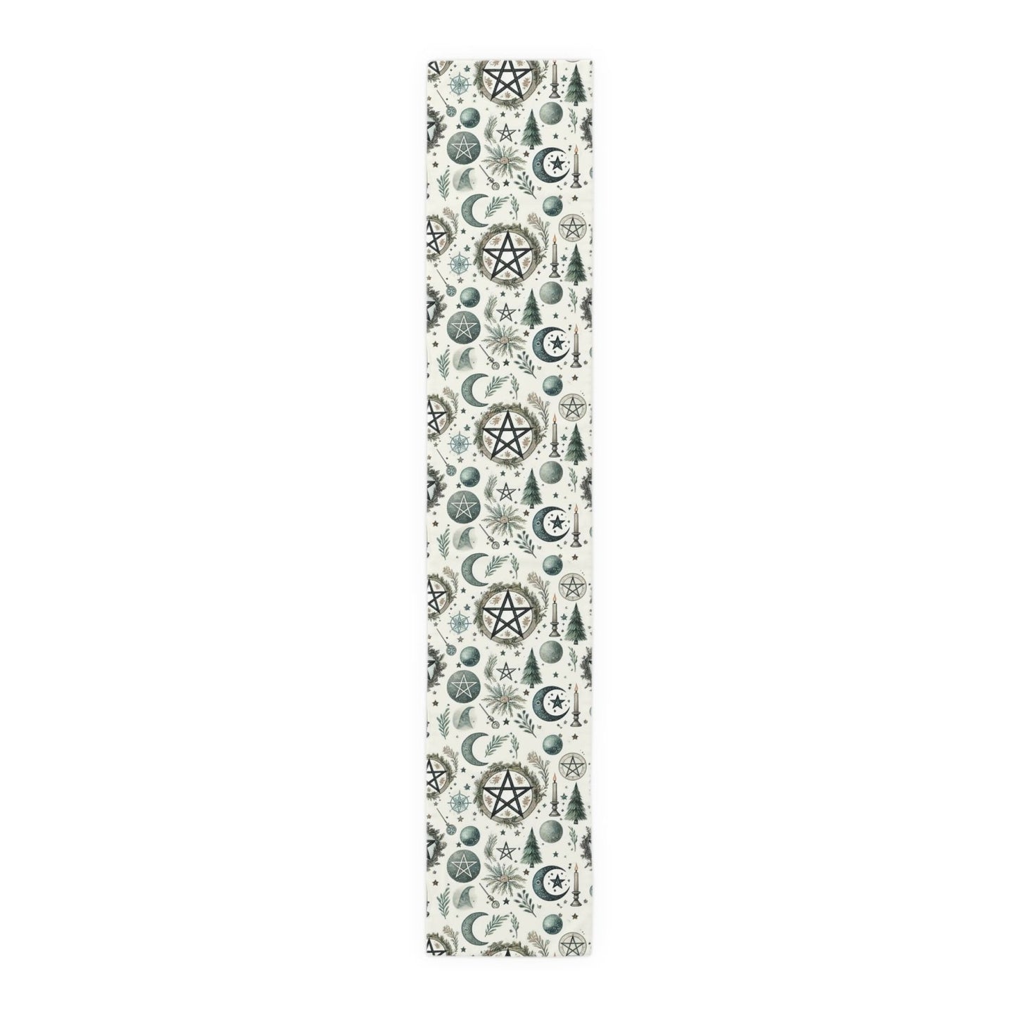 Yule Pagan Christmas Pine Moon Stars Table Runner (Cotton, Poly), Pentagram Nature lover Witch dinner setup holiday home decor gift - sense forest