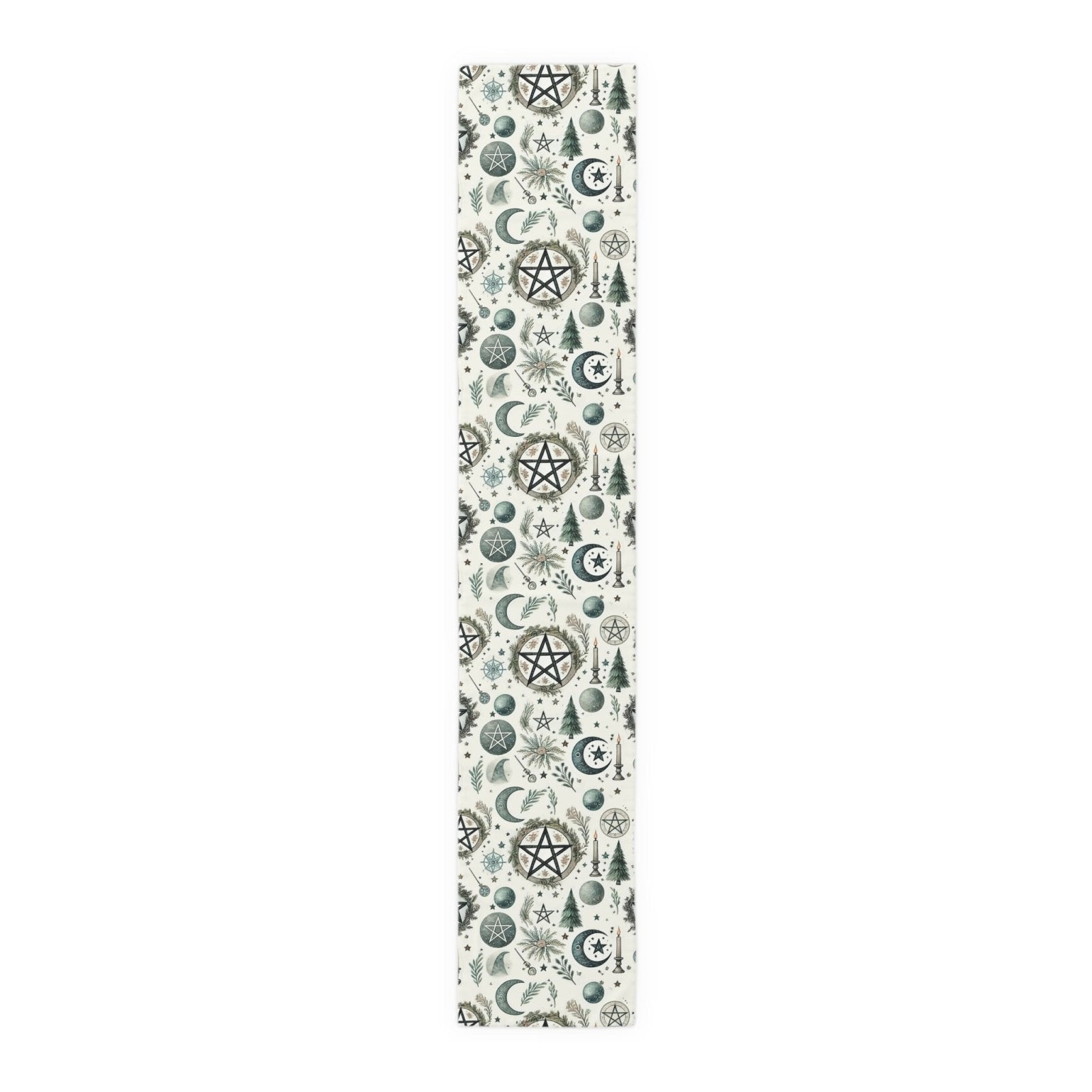 Yule Pagan Christmas Pine Moon Stars Table Runner (Cotton, Poly), Pentagram Nature lover Witch dinner setup holiday home decor gift - sense forest