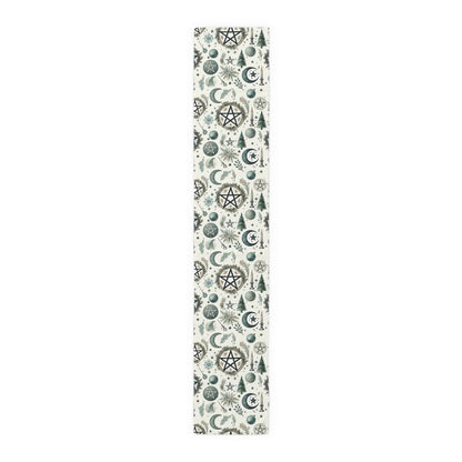 Yule Pagan Christmas Pine Moon Stars Table Runner (Cotton, Poly), Pentagram Nature lover Witch dinner setup holiday home decor gift - sense forest
