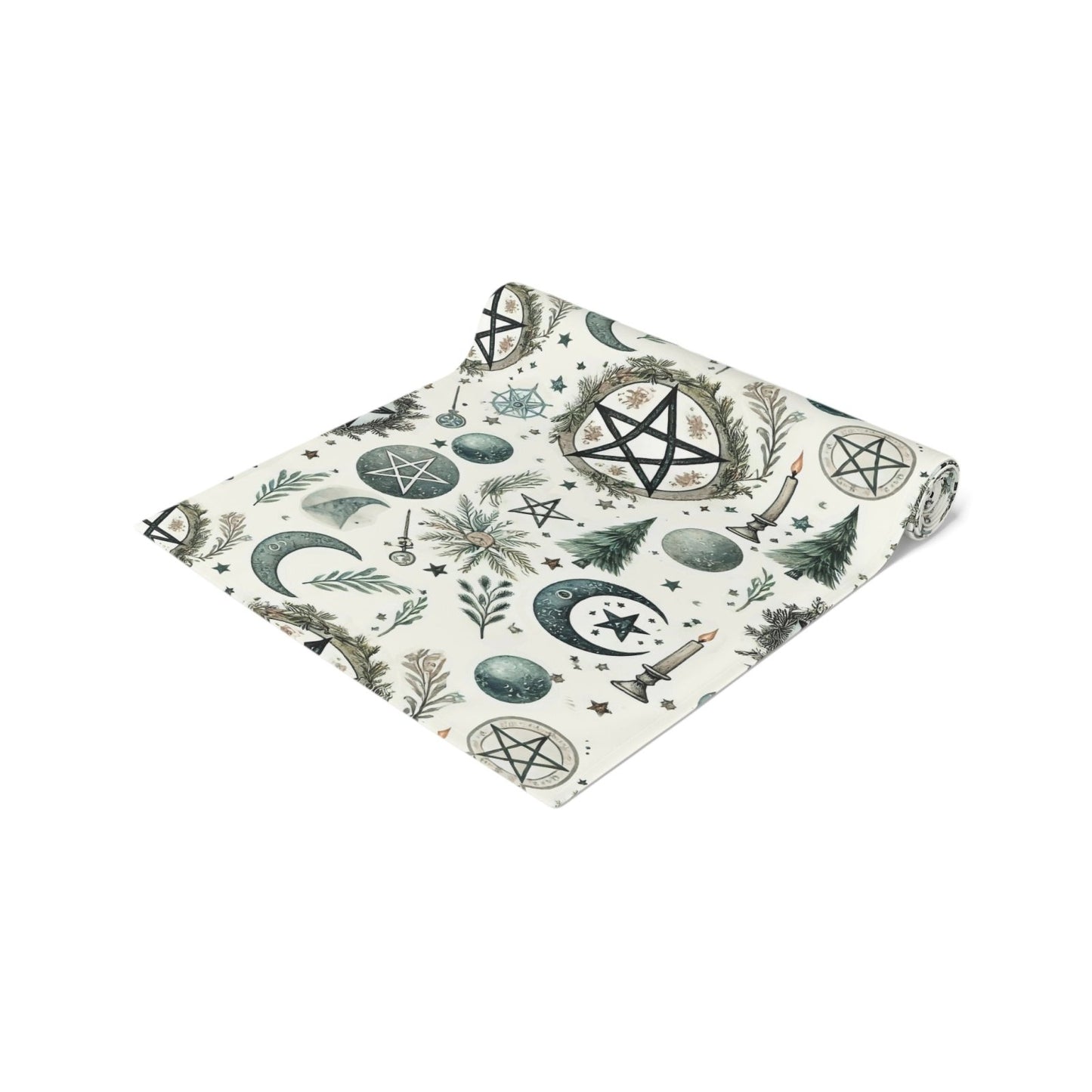 Yule Pagan Christmas Pine Moon Stars Table Runner (Cotton, Poly), Pentagram Nature lover Witch dinner setup holiday home decor gift - sense forest