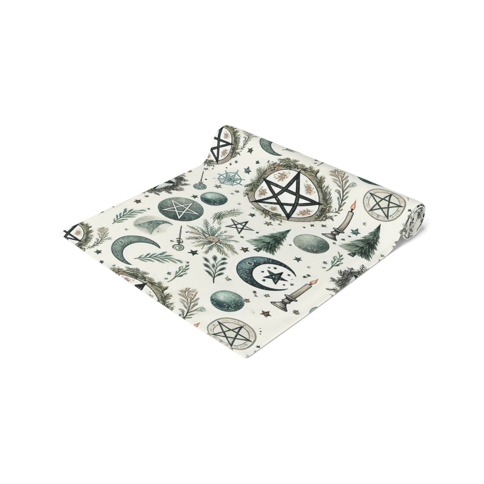 Yule Pagan Christmas Pine Moon Stars Table Runner (Cotton, Poly), Pentagram Nature lover Witch dinner setup holiday home decor gift - sense forest