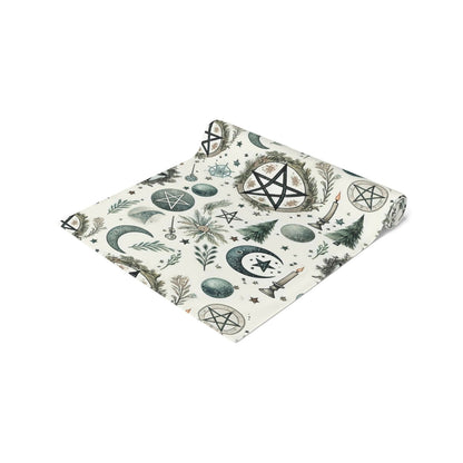 Yule Pagan Christmas Pine Moon Stars Table Runner (Cotton, Poly), Pentagram Nature lover Witch dinner setup holiday home decor gift - sense forest