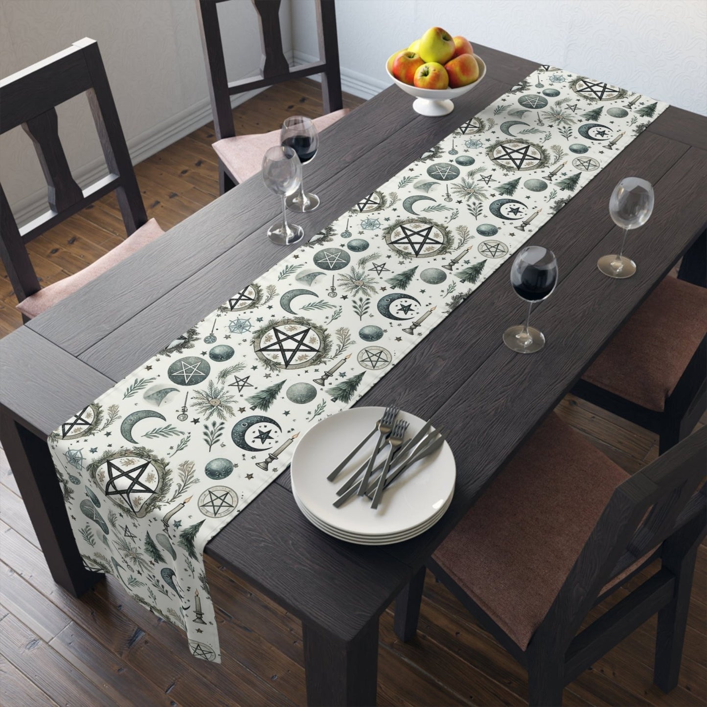 Yule Pagan Christmas Pine Moon Stars Table Runner (Cotton, Poly), Pentagram Nature lover Witch dinner setup holiday home decor gift - sense forest