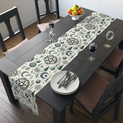 Yule Pagan Christmas Pine Moon Stars Table Runner (Cotton, Poly), Pentagram Nature lover Witch dinner setup holiday home decor gift - sense forest