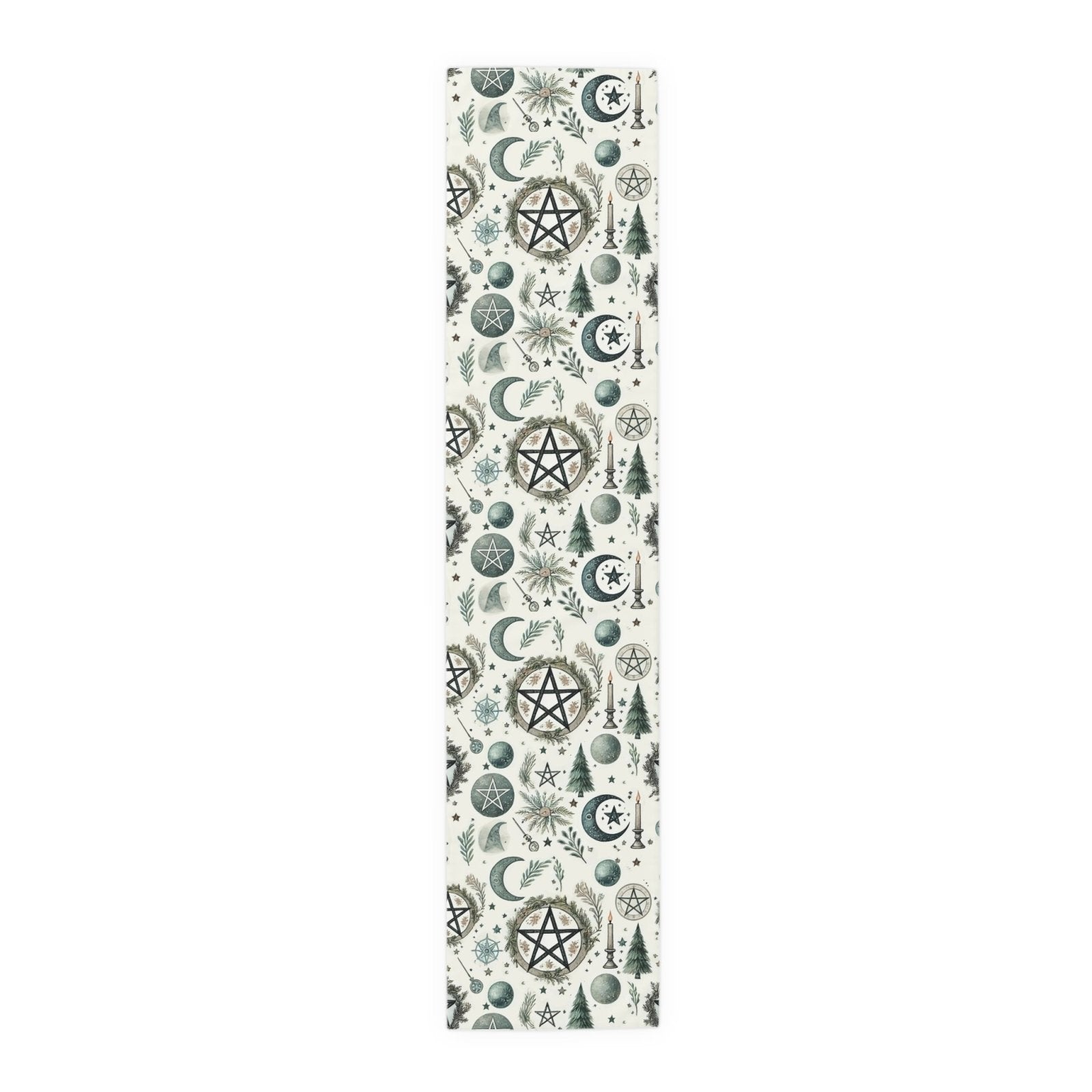 Yule Pagan Christmas Pine Moon Stars Table Runner (Cotton, Poly), Pentagram Nature lover Witch dinner setup holiday home decor gift - sense forest