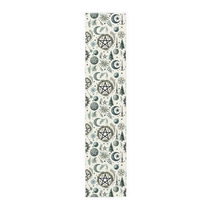 Yule Pagan Christmas Pine Moon Stars Table Runner (Cotton, Poly), Pentagram Nature lover Witch dinner setup holiday home decor gift - sense forest