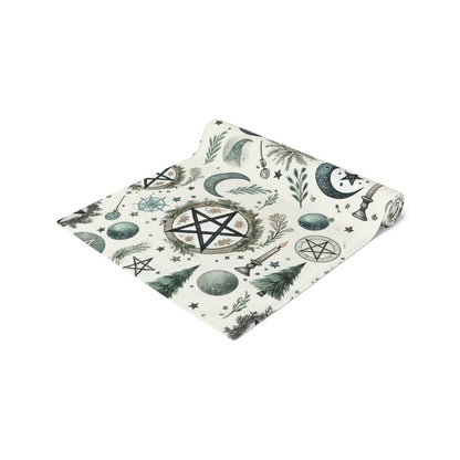 Yule Pagan Christmas Pine Moon Stars Table Runner (Cotton, Poly), Pentagram Nature lover Witch dinner setup holiday home decor gift - sense forest