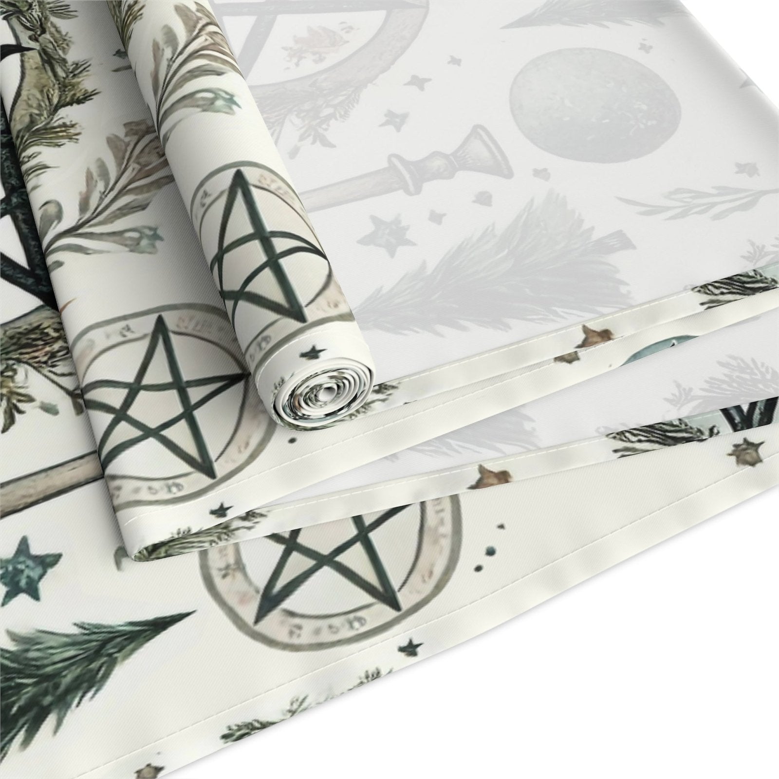 Yule Pagan Christmas Pine Moon Stars Table Runner (Cotton, Poly), Pentagram Nature lover Witch dinner setup holiday home decor gift - sense forest