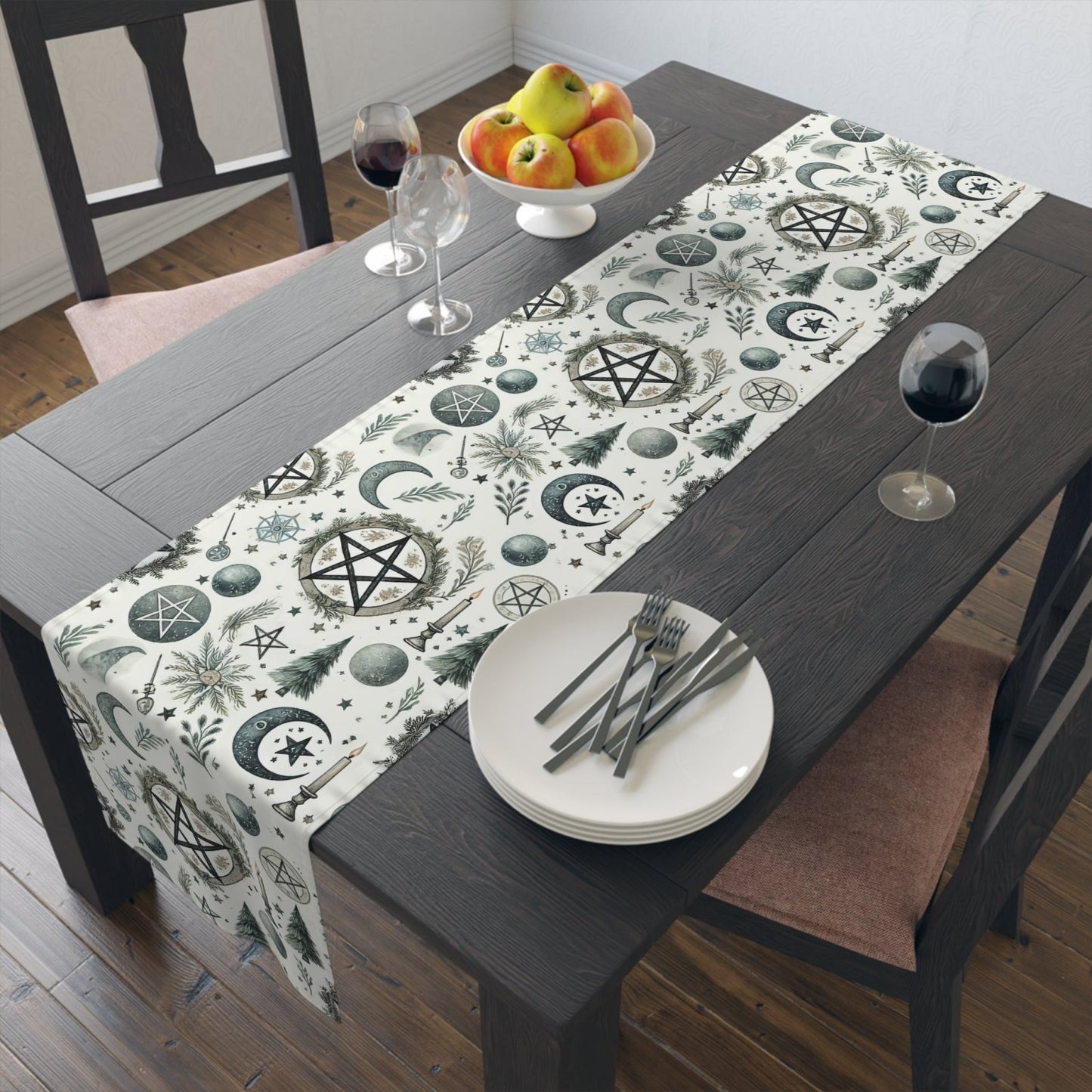 Yule Pagan Christmas Pine Moon Stars Table Runner (Cotton, Poly), Pentagram Nature lover Witch dinner setup holiday home decor gift - sense forest