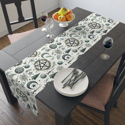 Yule Pagan Christmas Pine Moon Stars Table Runner (Cotton, Poly), Pentagram Nature lover Witch dinner setup holiday home decor gift - sense forest