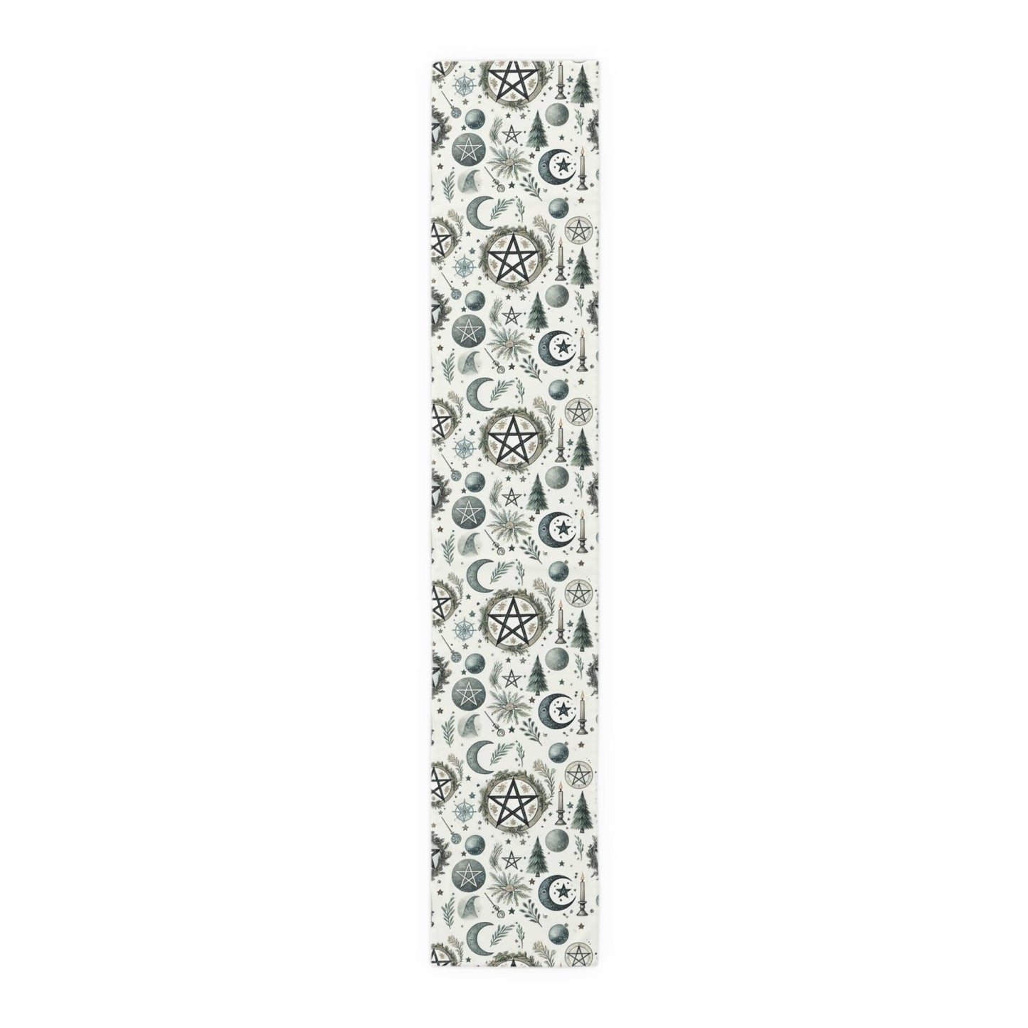 Yule Pagan Christmas Pine Moon Stars Table Runner (Cotton, Poly), Pentagram Nature lover Witch dinner setup holiday home decor gift - sense forest