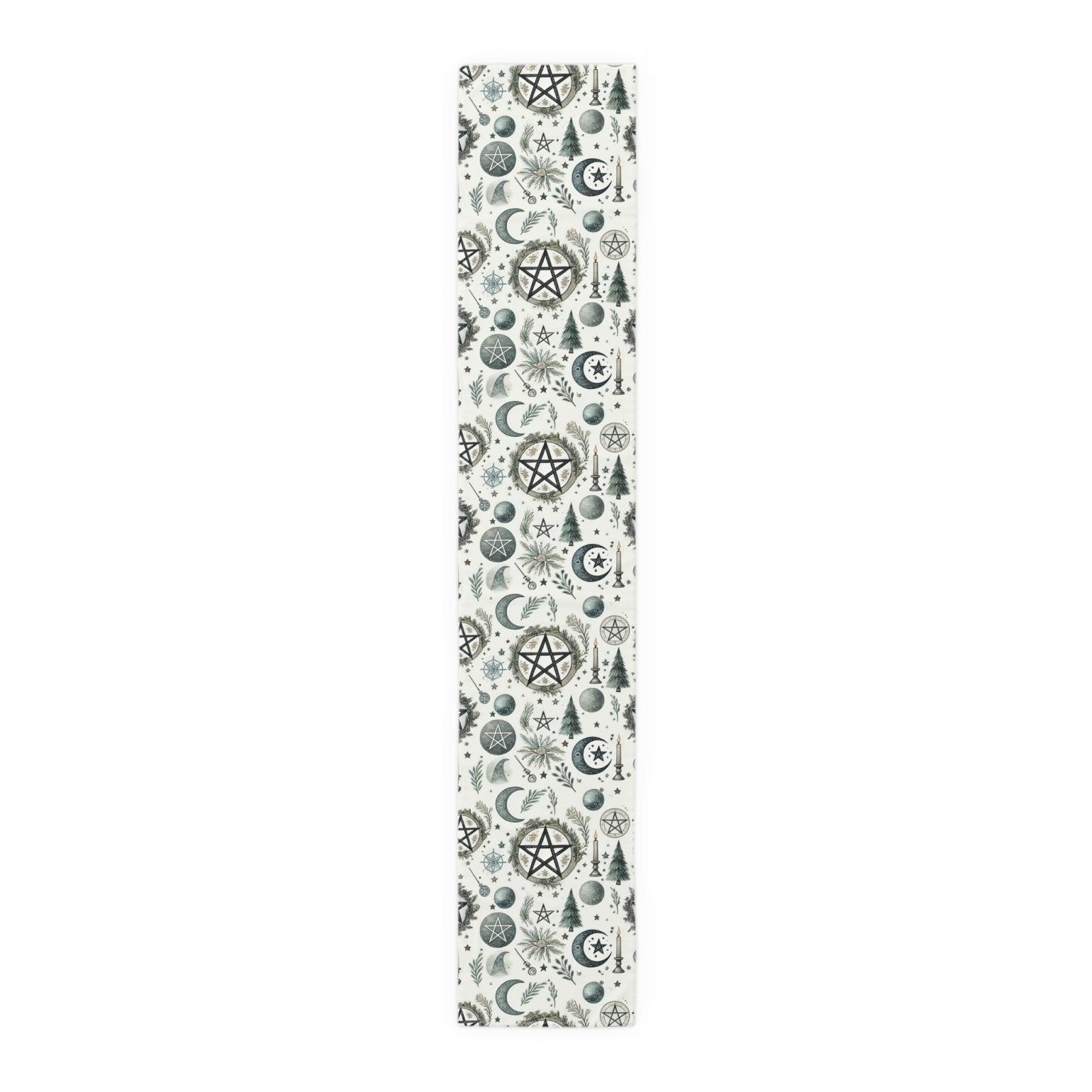 Yule Pagan Christmas Pine Moon Stars Table Runner (Cotton, Poly), Pentagram Nature lover Witch dinner setup holiday home decor gift - sense forest