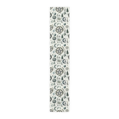 Yule Pagan Christmas Pine Moon Stars Table Runner (Cotton, Poly), Pentagram Nature lover Witch dinner setup holiday home decor gift - sense forest