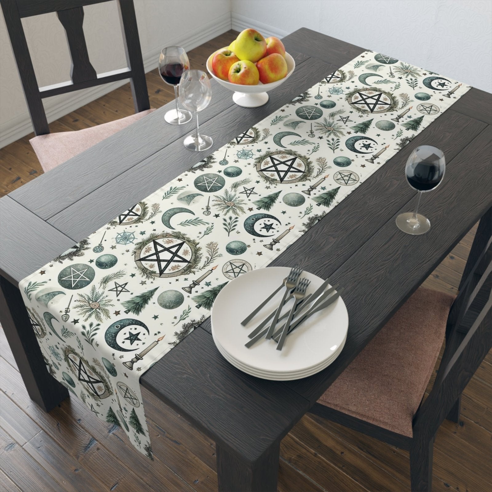 Yule Pagan Christmas Pine Moon Stars Table Runner (Cotton, Poly), Pentagram Nature lover Witch dinner setup holiday home decor gift - sense forest