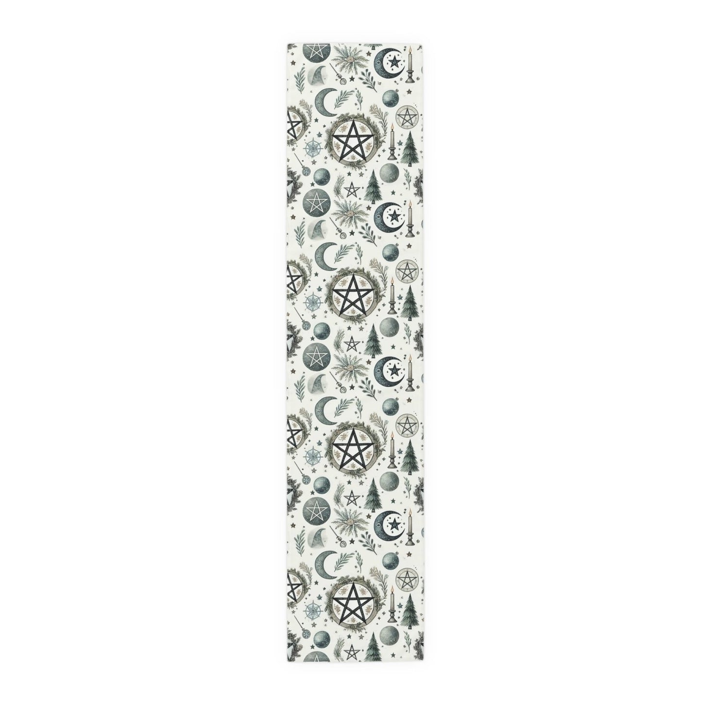 Yule Pagan Christmas Pine Moon Stars Table Runner (Cotton, Poly), Pentagram Nature lover Witch dinner setup holiday home decor gift - sense forest