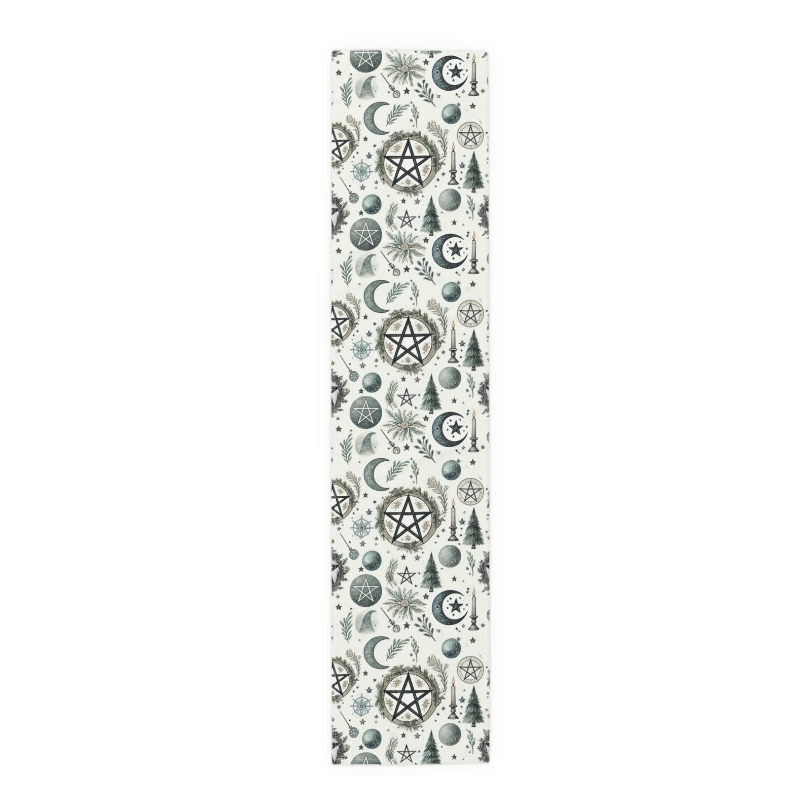 Yule Pagan Christmas Pine Moon Stars Table Runner (Cotton, Poly), Pentagram Nature lover Witch dinner setup holiday home decor gift - sense forest